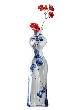 旗袍景德镇古典花瓶摆件客厅插花