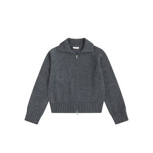 LINHOUSE复古polo领翻领深灰毛衣开衫宽松通勤藏蓝拉链深棕外套女