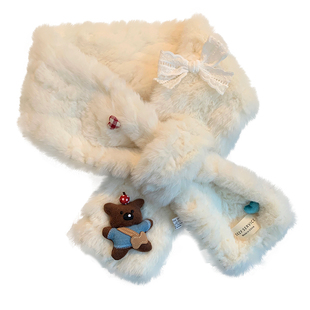 可爱卡通小熊毛绒交叉小围巾女秋冬季加厚保暖防寒学生氛围感围脖