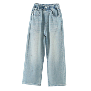 女童烫钻牛仔裤春装时尚洋气2026春季百搭蝴蝶结亮钻闪闪阔腿长裤