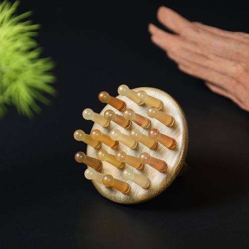 绿檀木羊角齿圆盘头头部疗梳肩按摩疏经络刮痧指环梳颈羊角