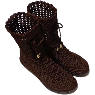 雪儿专业编织优质方根底民族风镂空长款凉瘦瘦靴夏材料送视频包邮