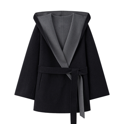 CHICJOJO连帽短款双面呢羊绒大衣