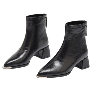 exull/依思Q2025秋冬尖头高跟短靴女粗跟瘦瘦靴百搭显瘦时装鞋