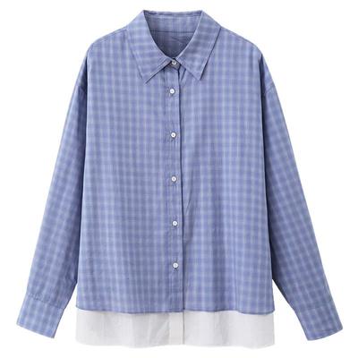 【清仓秒杀】秋法式气质上衣独特漂亮小个子小众拼接蓝色格子衬衫