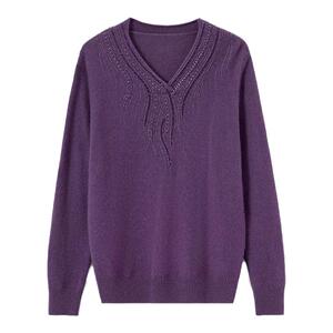 恒源祥毛衣女士打底羊绒衫中老年新款洋气套头v领妈妈装镶钻宽松