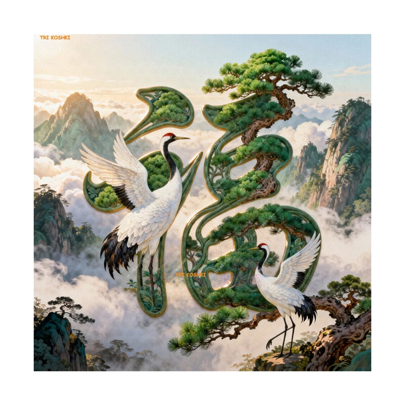 仙鹤送福贴画玄关木门客厅背景墙贴迎客松仙鹤福寿绵绵好寓意墙贴