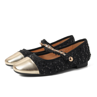 达芙妮金色单鞋女平底2025新款小香风玛丽珍女鞋冬季软底浅口皮鞋