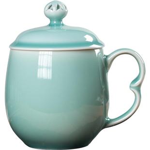 瓯江龙泉青瓷办公杯镂空茶杯带盖陶瓷杯礼盒套装杯浮生复古宫廷杯