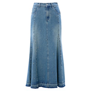 SOMSOM/索玛春季新品水洗钉钻设计款鱼尾裙摆休闲长款牛仔连衣裙