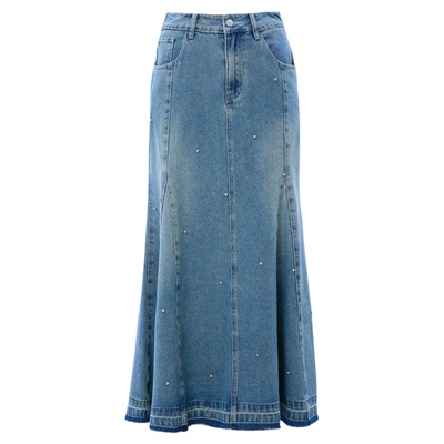 SOMSOM/索玛春季新品水洗钉钻设计款鱼尾裙摆休闲长款牛仔连衣裙