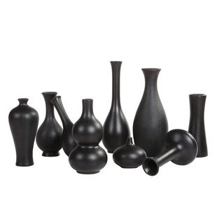 黑色陶瓷花瓶净瓶小花瓶复古摆件器干花粗陶创意客厅水培居家装饰