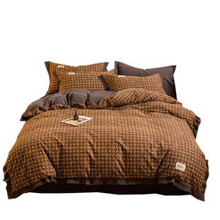 轻奢简约全棉斜纹四件套ins网红潮款咖色被套床单三4件套1.8床笠