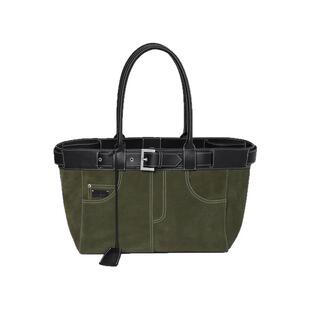 JUNWEILIN 安格集合店 HOLIDAY系列黑色拼橄榄绿麂皮大容量托特包