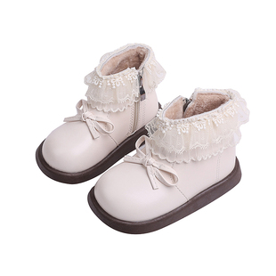 女童二棉薄绒甜美公主风马丁靴2025秋冬季新款蕾丝边蝴蝶结皮棉靴