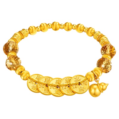 金至尊许凯同款五帝钱黄金手链男女款 黄水晶足金999葫芦金珠手串
