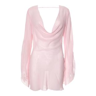 唯美超薄款透视露背荡领大露背风情万种裙子嫩粉色海边度假短罩衫