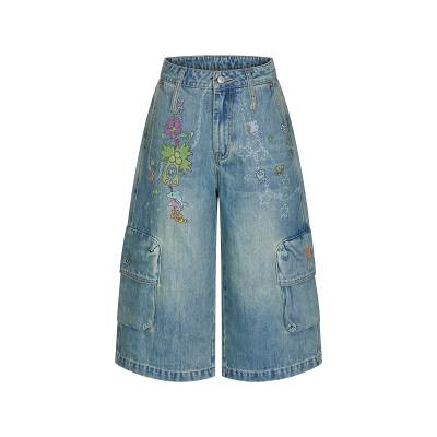 夏季插画水洗做旧牛仔七分裤