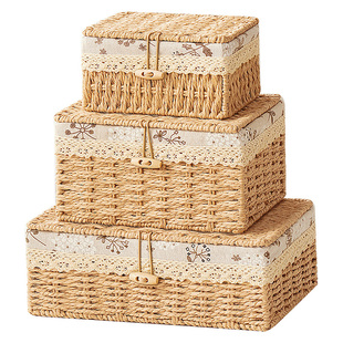 桌面收纳盒带盖茶几零食首饰小杂物整理盒藤编织收纳筐内衣储物盒