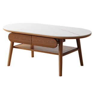 岩板实木茶几客厅家用小户型椭圆形带抽屉中古风轻奢高级感茶桌