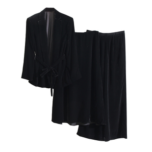 纯尾 轻奢丝绒中的鼎流 保暖简约大气系腰外套+半裙+裤子套装秋冬