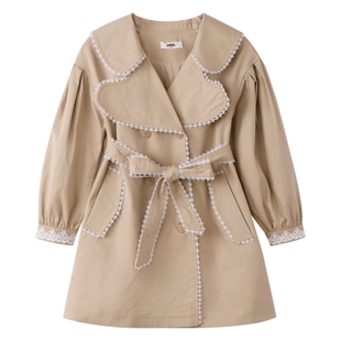 安奈儿女童装中长款翻领时尚风衣外套春秋季款纯色休闲上衣