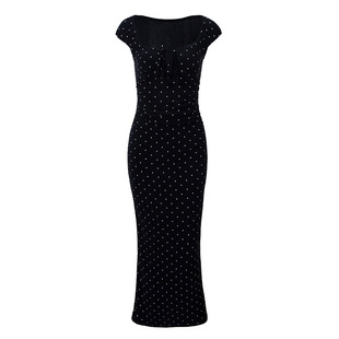 PynkiSwear 黑底白波点/白底黑波点醋酸大方领系带修身长款连衣裙