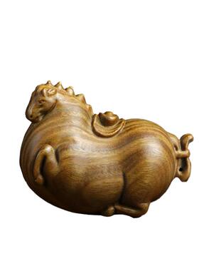 绿檀木木质雕刻生肖马上有钱摆件文玩手把件家居装饰品工艺品