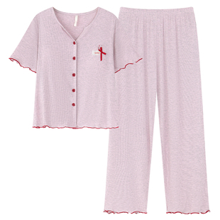 日系ins带胸垫睡衣女夏莫代尔薄款凉感短袖长裤可外穿家居服套装