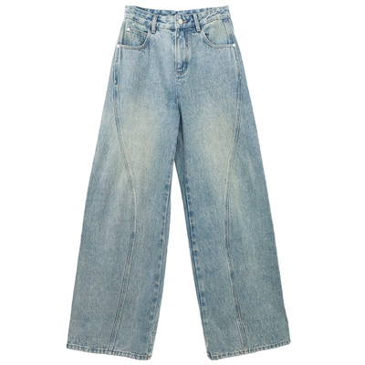 超长宽折边设计感袢扣直筒牛仔裤