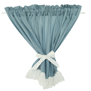 美式窗帘半帘复古乡村天蓝色素色棉布荷叶花边免打孔门帘粘贴定制