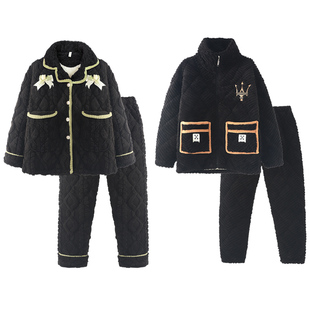 情侣珊瑚绒睡衣三层夹棉秋冬新款加绒加厚保暖家居服可外穿冬季装