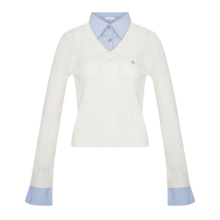 汤不吃同款Kroche 慵懒老钱风 绞花肌理套头假两件针织衫上衣内搭