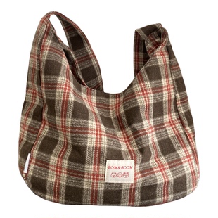 复古文艺包包女日系ins格纹呢子小众布包学生上课逛街通勤单肩包