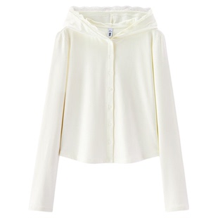 森马长袖T恤女春短款蕾丝花边连帽修身白色2026新款温柔气质开衫