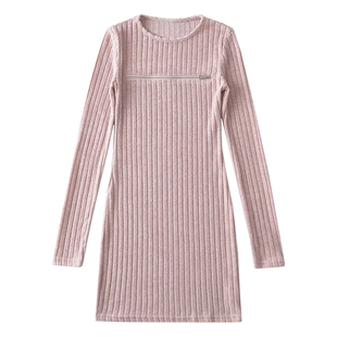 YoungGirlDay纯欲风性感心机镂空拉链紧身长袖针织连衣裙包臀短裙