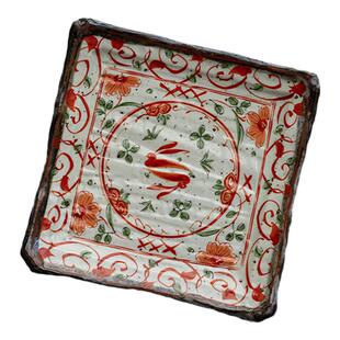 现货日本进口美浓烧和风赤绘花角皿寿司盘大方盘日式家用陶瓷餐具