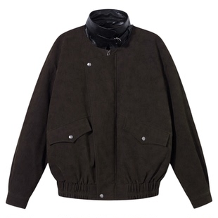 PSO Brand 男装女装磨砂PU皮撞色翻领宽松长袖拉链棉服外套男款秋