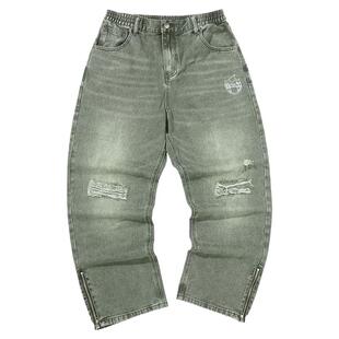 GENANX闪电潮牌直筒牛仔裤宽松破洞街头潮流裤脚开衩秋季牛仔长裤