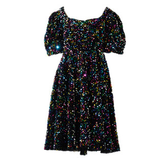 儿童黑色炫彩亮片连衣裙女童泡泡袖生日服装歌唱礼服钢琴演出女宝