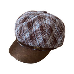 敲好看蓝棕~新款秋冬季毛呢格纹复古贝雷帽女ins气质时尚八角帽子