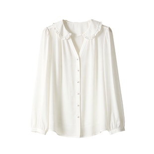 白色V领雪纺衬衫女2026年春季新款高级感轻奢衬衣荷叶边长袖上衣