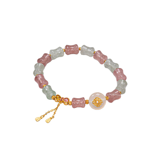 衣锦媚行原创设计s925银镀金粉绿竹节草莓晶手串新中式国潮手链女