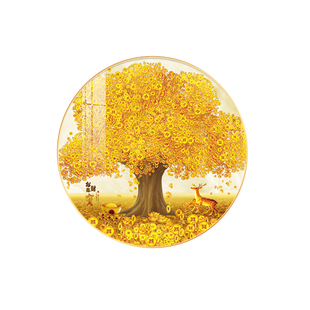 黄金满地发财树圆形玄关装饰画招财进宝摇钱树玄关过道餐厅画壁画