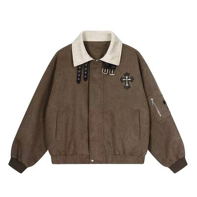 爆爆糖美式复古十字架设计感外套男女春秋季宽松高级感情侣夹克潮