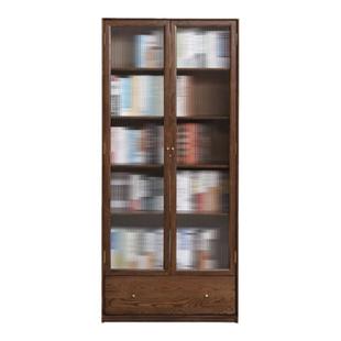 纯实木红橡木书柜组合书架黑胡桃色落地背景墙简约玻璃柜组合柜子