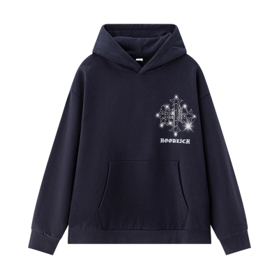 HOODRICH藏青色字母刺绣烫钻连帽卫衣潮流复古百搭帽衫外套男款