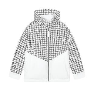 FILA Emerald斐乐女士棉服2024春新款时尚千鸟格拼接宽松连帽外套