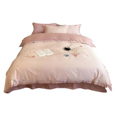 海洋之星｜高端长绒棉贡缎床上四件套50支全棉刺绣粉色床单被套