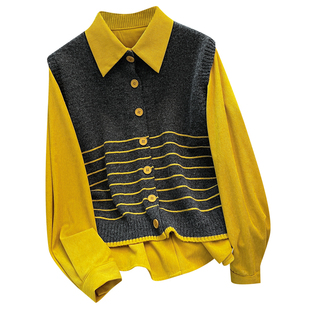 针织毛衣马甲长袖衬衫女2026春天新款小个子显高穿搭一整两件套装